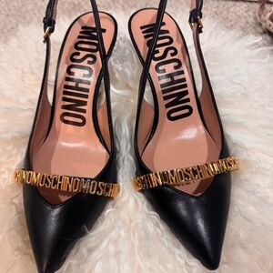 Moschino Milano Black Leather Slingback Heels / Gold Logo Size 37 US Worn Once